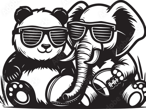 Panda with soccer ball and elephant wearing sunglasses form a whimsical black and white graphic.