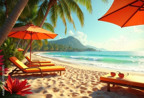 sunlit beach lounge chairs colorful umbrellas tropical vacation paradise relaxation sunscreen sand, sunset, ocean, sky, sunlight, coast, shoreline, water