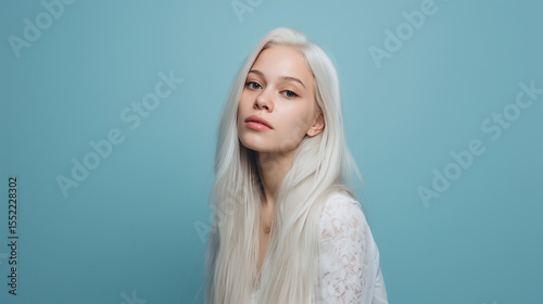 Young woman with long platinum blonde hair against a soft blue backdrop, showcasing a calm expression and elegant features, embodying a serene and modern aesthetic