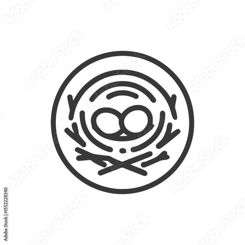 Minimalist Bird Nest Icon with Eggs and Twigs in Circle