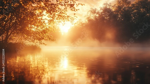 Background of Lake at Sunset with Forest Reflections and Golden Mist — Natural Landscape Texture with Calm Water and Atmospheric Light
