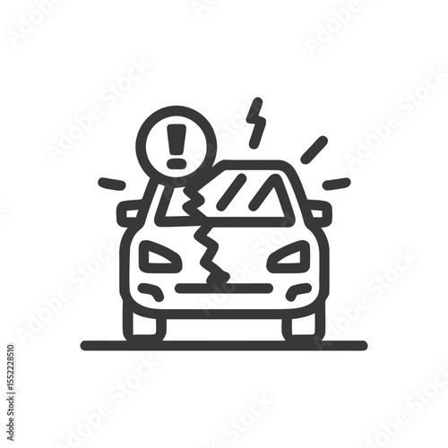 Car Accident Icon: Damaged Vehicle with Exclamation Point Symbolizing Danger
