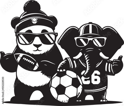 Panda with soccer ball and elephant wearing sunglasses form a whimsical black and white graphic.