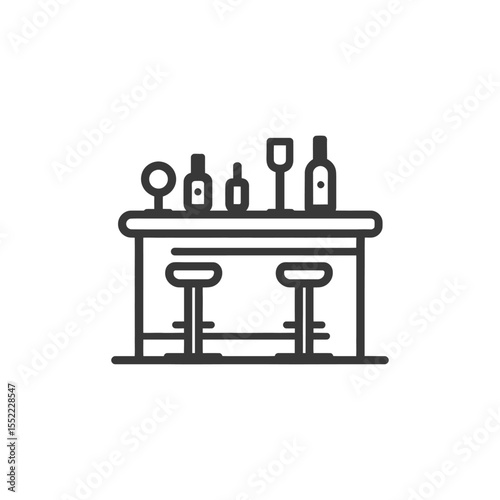 Minimalist Bar Icon: Bottles, Glass, and Stools in Line Art Style