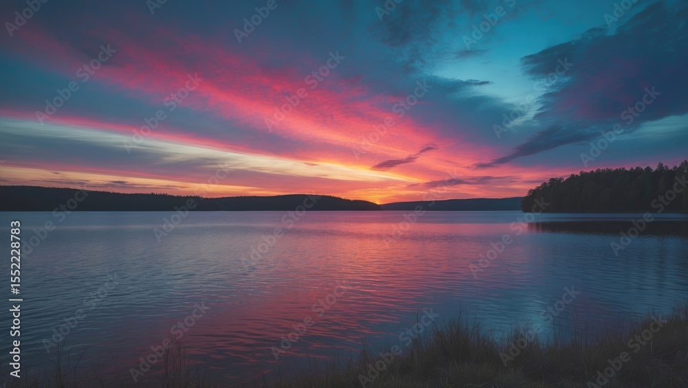 Fototapeta premium View of a lake with a colorful sky during a sunset at evening
