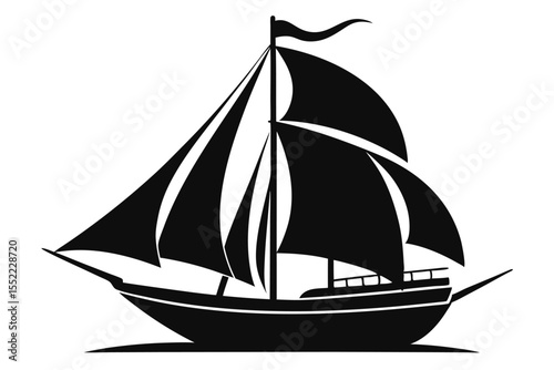 Silhouette Illustration of a Sailing Ship with Flag, Bowsprit, and Multiple Sails