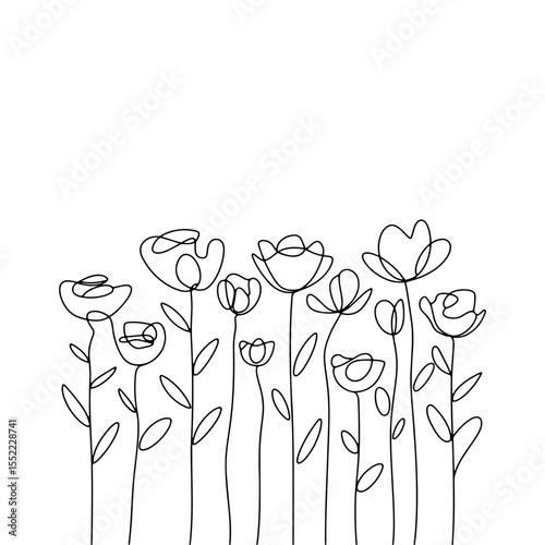 Soft Garden Repetition. A rhythmic floral composition of gentle flowers with repeating stems and leaves, ideal for textile and wallpaper design.