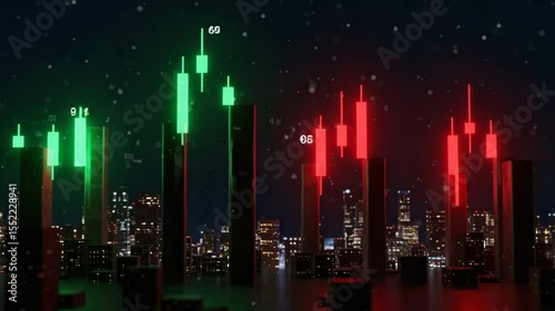 Stock Market Candlesticks Rising and Falling Over City Skyline at Night