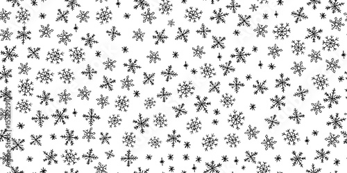 Christmas kindergarten seamless pattern of quirky back snowflakes. Blackboard style with wax and charcoal squiggle texture for Xmas wrapping, prints and decorations. Vector card illustration