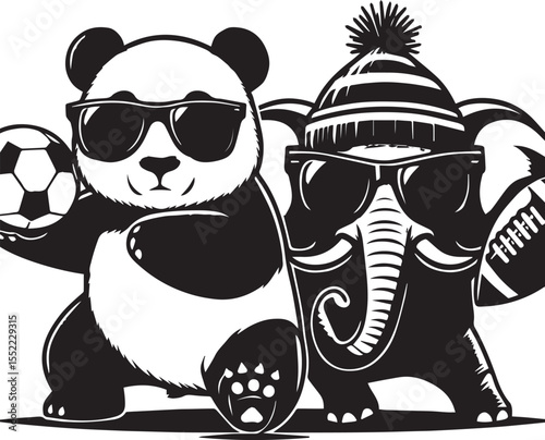 Panda with soccer ball and elephant wearing sunglasses form a whimsical black and white graphic.