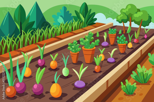 Vibrant cartoon garden bed with rows of colorful vegetables and potted plants