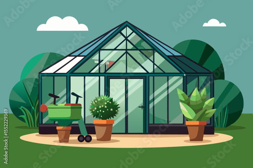 Modern glass greenhouse with garden tools and potted plants in a lush green setting