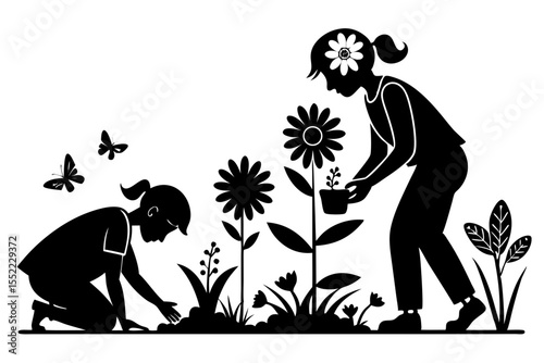 Two children planting flowers and tending to a garden with butterflies flying