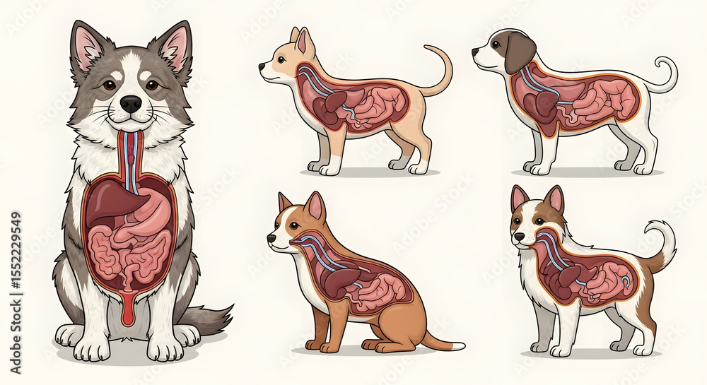 Fototapeta premium Infographic-style layout showing internal organs of common pets, colorful and clear