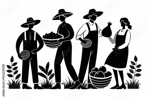Diverse farmers in straw hats and overalls proudly display their harvested crops