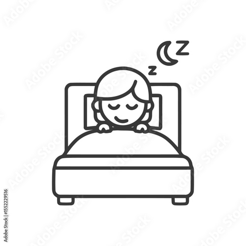 Sleeping Girl in Bed with Moon and Zzz Icon, Outline Style