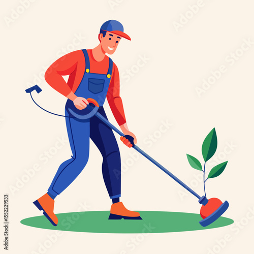 Gardener carefully trims around a small plant with a string trimmer