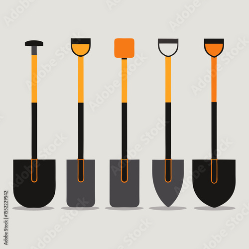 Five different types of shovels arranged in a row on a light background