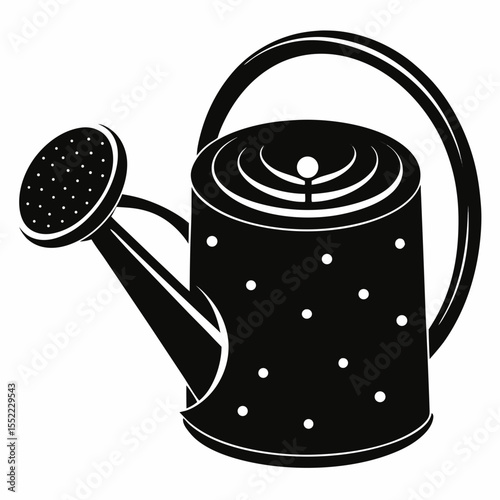 Classic black and white illustration of a polka dot watering can for garden use
