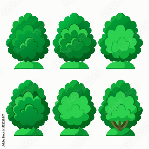 Collection of six stylized green trees with rounded bushy foliage and visible trunks
