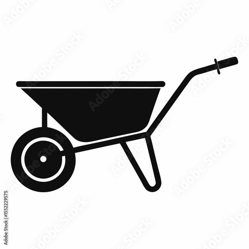 Simple black silhouette of a garden wheelbarrow on a white background