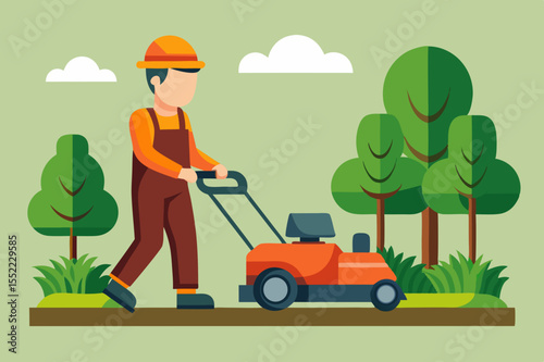Gardener in overalls pushing an orange lawnmower through a park with trees and clouds