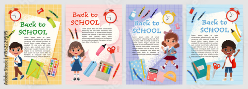 Back to School Flyers or Posters with Cute Kids and School Supplies. Vector illustration in flat style