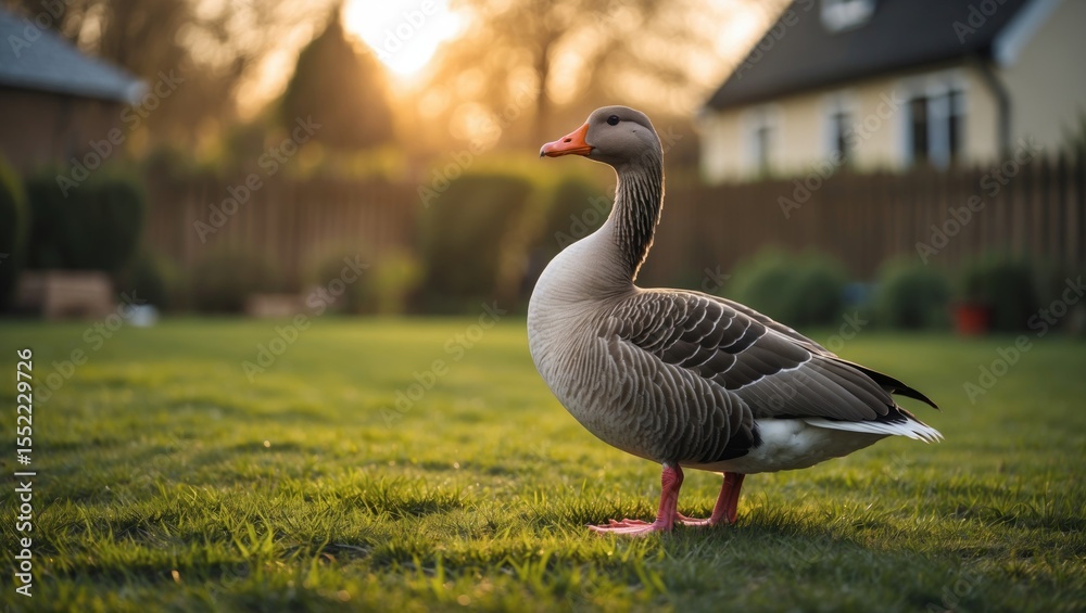 Fototapeta premium Greylag Goose standing on a yard lawn with green grass in the sun, with empty space for text.