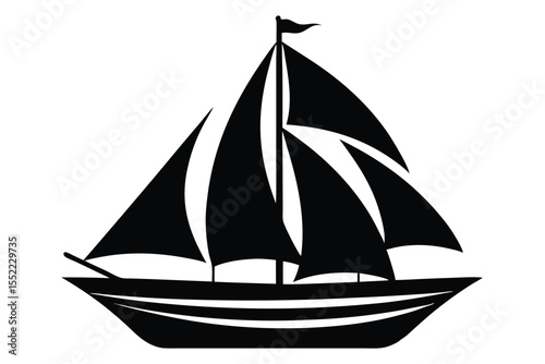 Black Silhouette Illustration of a Classic Sailboat on Water, with Tall Mast