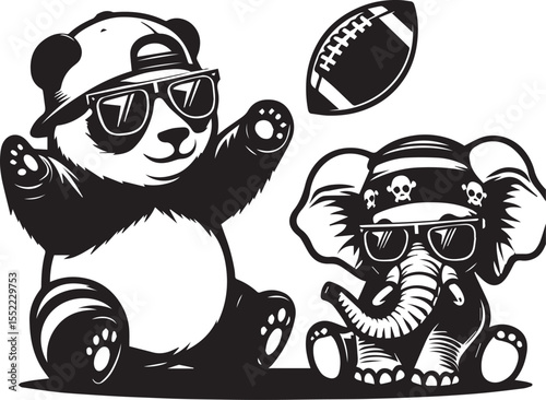 Panda with soccer ball and elephant wearing sunglasses form a whimsical black and white graphic.