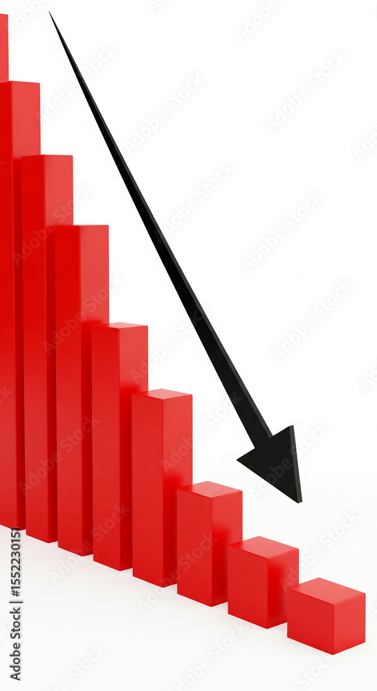 Fototapeta premium Red bar graph declining sharply, black arrow pointing down, illustrating economic downturn or market crash concept