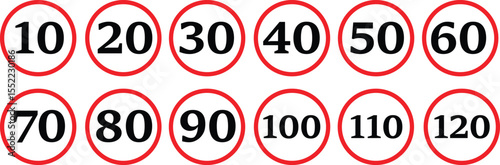 Wallpaper Mural Speed limit icon set for 10, 20, 30, 40, 50, 60, 70, 80, 90, 100, 110, 120  sign, logo, badge, icon, sticker, label, emblem, stamp, symbol, black, line, flat vector, isolated illustration. Torontodigital.ca