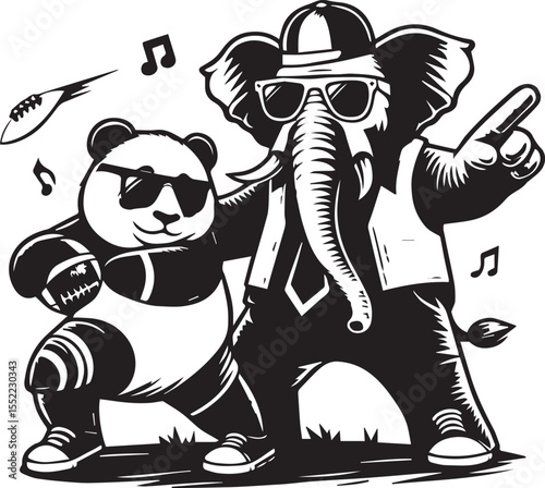 Panda with soccer ball and elephant wearing sunglasses form a whimsical black and white graphic.