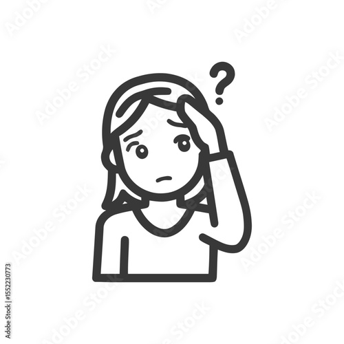 Confused Woman Icon with Question Mark, Hand on Forehead, Outline Style