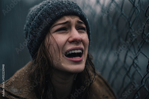 Woman in a rainstorm expresses deep emotion while sitting against a chain-link fence in a somber urban setting at dusk