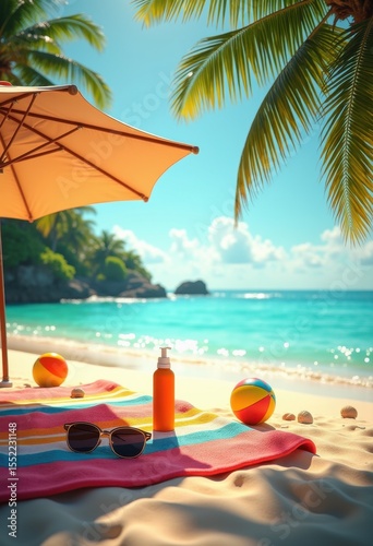 tropical beach essentials vibrant towels sun shade umbrella sunblock sunglasses flip flops shells beach ball sand toys relaxation, sea, shoreline, beachball
