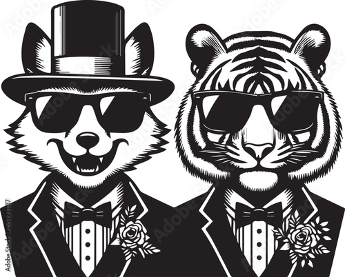 Fox and tiger looking dapper in suits and sunglasses with chain necklaces, stylish animals with an urban look.