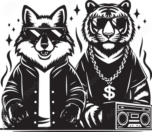 Fox and tiger looking dapper in suits and sunglasses with chain necklaces, stylish animals with an urban look.