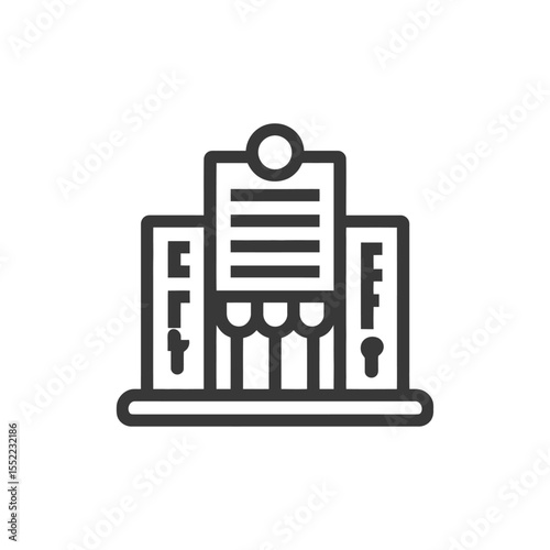 Real Estate Document: Building Icon with Contract and Keyhole Detail