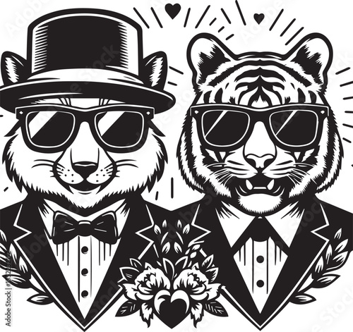 Fox and tiger looking dapper in suits and sunglasses with chain necklaces, stylish animals with an urban look.