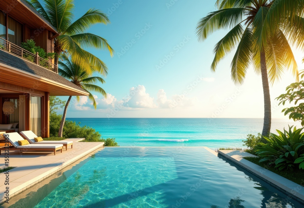 Fototapeta premium tropical resort villa infinity pool ocean view palm trees relaxation paradise escape, water, landscape, nature, sunset, luxury, retreat, holiday, beachfront, season