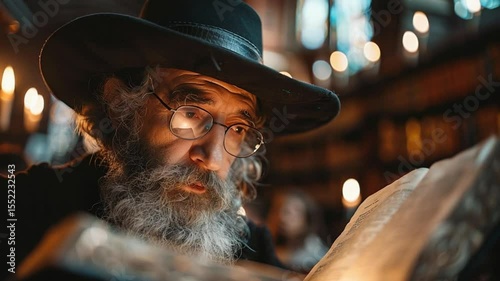 Rabbi engrossed in study, illuminated by candlelight, his beard reflecting wisdom