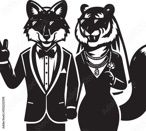 Fox and tiger looking dapper in suits and sunglasses with chain necklaces, stylish animals with an urban look.