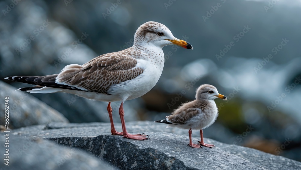 Obraz premium A beautiful seagull seabird of family Laridae young brown speckled newly hatched chick is standing on the bare granite rocks waiting for its mother.