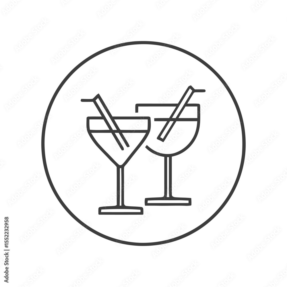 Minimalist Cocktail Glasses Icon in Circle, Black and White Line Art Minimalist Cocktail Glasses Icon in Circle, Black and White Line Art