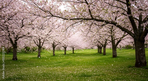 Serene Springtime: Blossoming Cherry Trees in a Picturesque Park