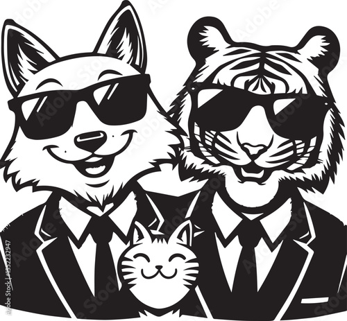 Fox and tiger looking dapper in suits and sunglasses with chain necklaces, stylish animals with an urban look.