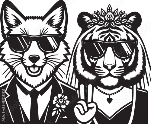 Fox and tiger looking dapper in suits and sunglasses with chain necklaces, stylish animals with an urban look.
