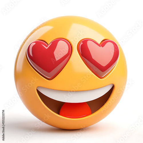 A yellow emoji face with heart shaped eyes and a big smile on a white background surface closeup