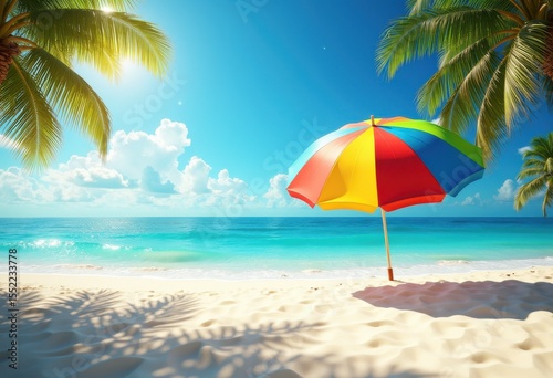 vibrant beach umbrella white sand tropical paradise sunbathing summer colors holiday relaxation scenic view, shoreline, vacation, summertime, sunny, coast